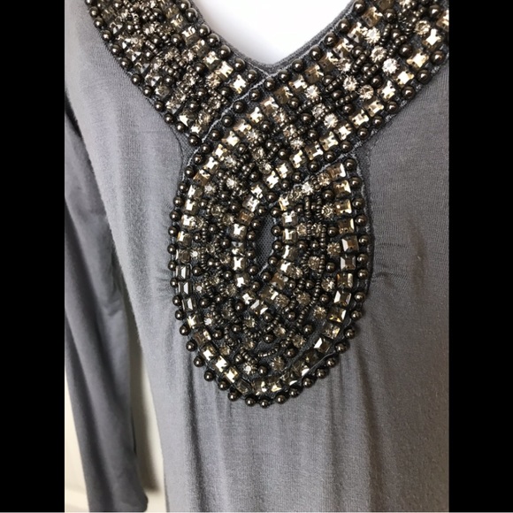 BOSTON PROPER Embellished Neckline Blouse Shirt Top Gray Necklace Rhinestones - Picture 6 of 11